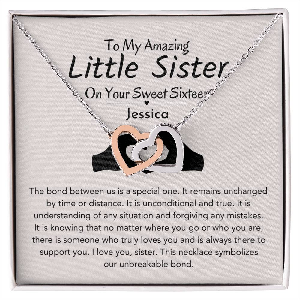 Personalized Sweet Sixteen Gift For Little Sister, Unbreakable Bond Interlocking Hearts Necklace