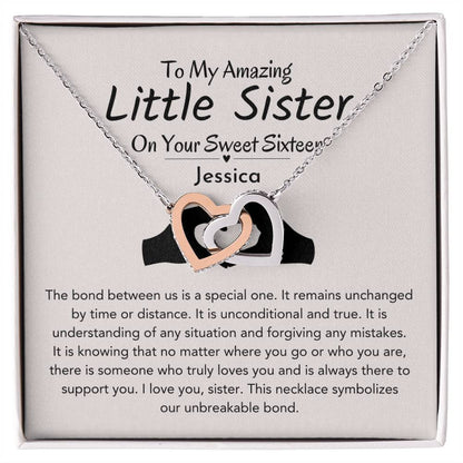 Personalized Sweet Sixteen Gift For Little Sister, Unbreakable Bond Interlocking Hearts Necklace