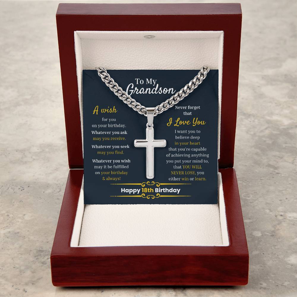 Happy 18th Birthday Gift for Grandson, Personalized Cuban Chain with Artisan Cross Necklace