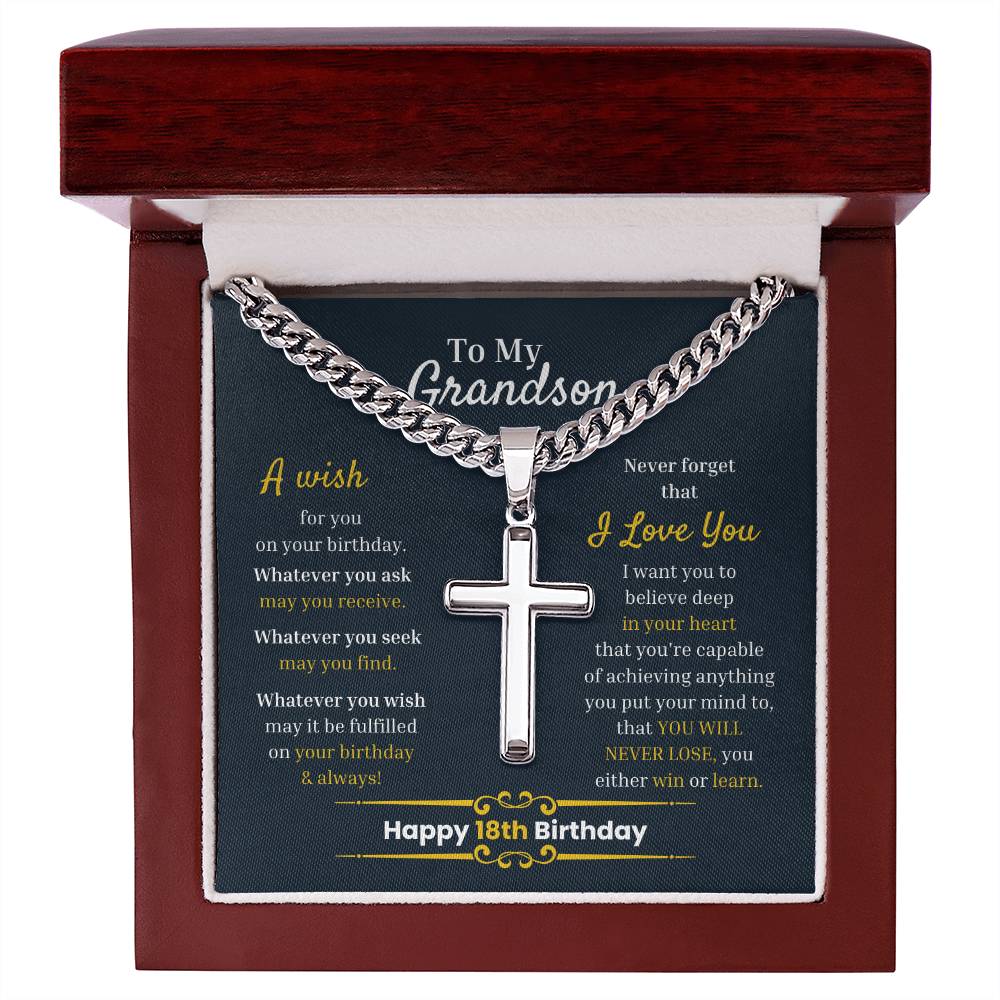 Happy 18th Birthday Gift for Grandson, Personalized Cuban Chain with Artisan Cross Necklace