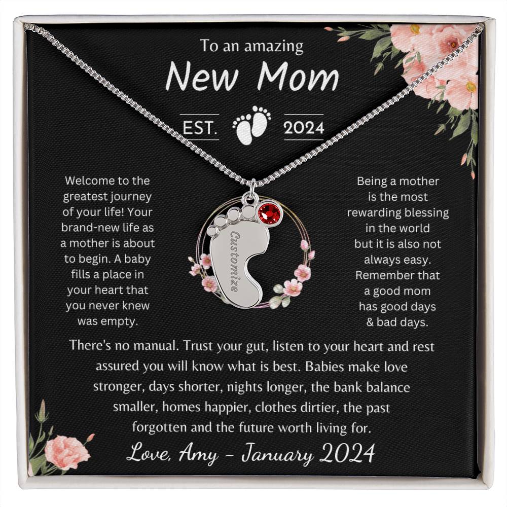 New Mom Baby Feet Necklace with Birthstone