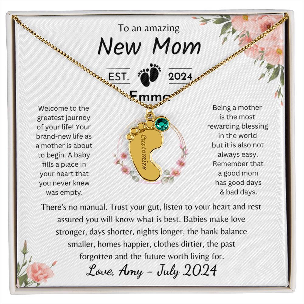 New Mom Baby Feet Necklace with Birthstone