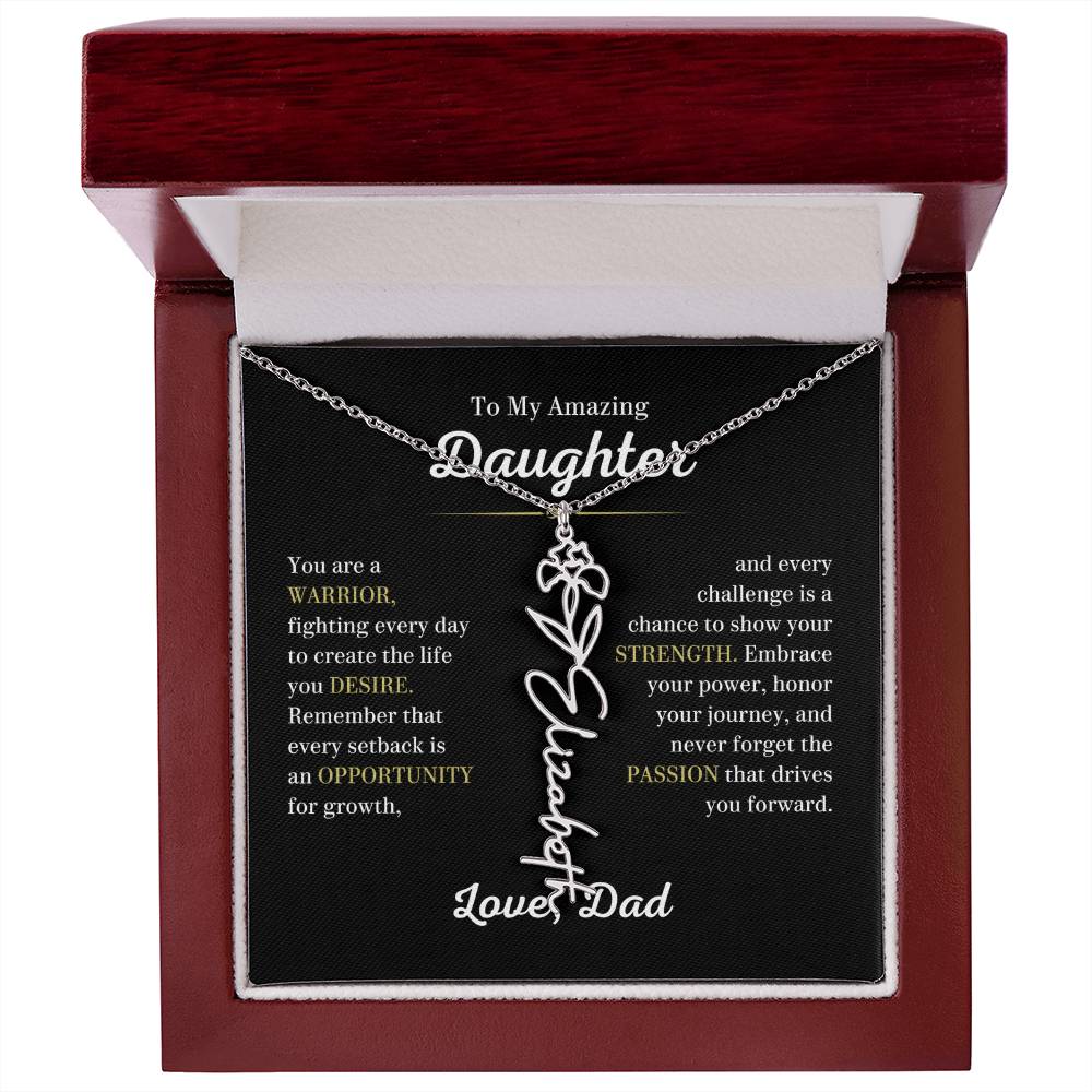 Personalized Flower Name Necklace for Daughter from Dad, You are a Warrior - Meaningful Gift for Birthday, Graduation, Christmas and Just Because