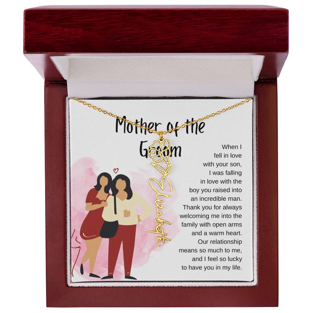 Mother of the Groom Gift for Wedding Day. Mother In Law Present, Flower Name Necklace On Card With Quote