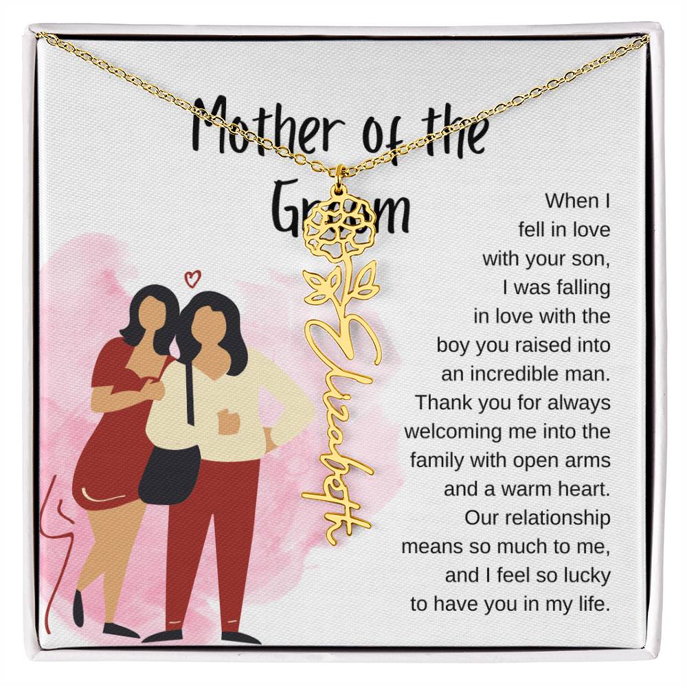 Mother of the Groom Gift for Wedding Day. Mother In Law Present, Flower Name Necklace On Card With Quote