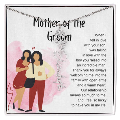 Mother of the Groom Gift for Wedding Day. Mother In Law Present, Flower Name Necklace On Card With Quote