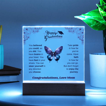 Illuminate her achievements with an LED-light wooden base plaque