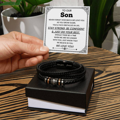 Vegan leather and stainless steel son bracelet