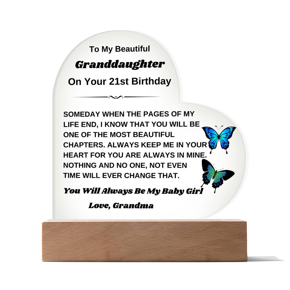 To My Beautiful Granddaughter - On Your 21st Birthday Gift From Grandma - Heart Acrylic Plaque