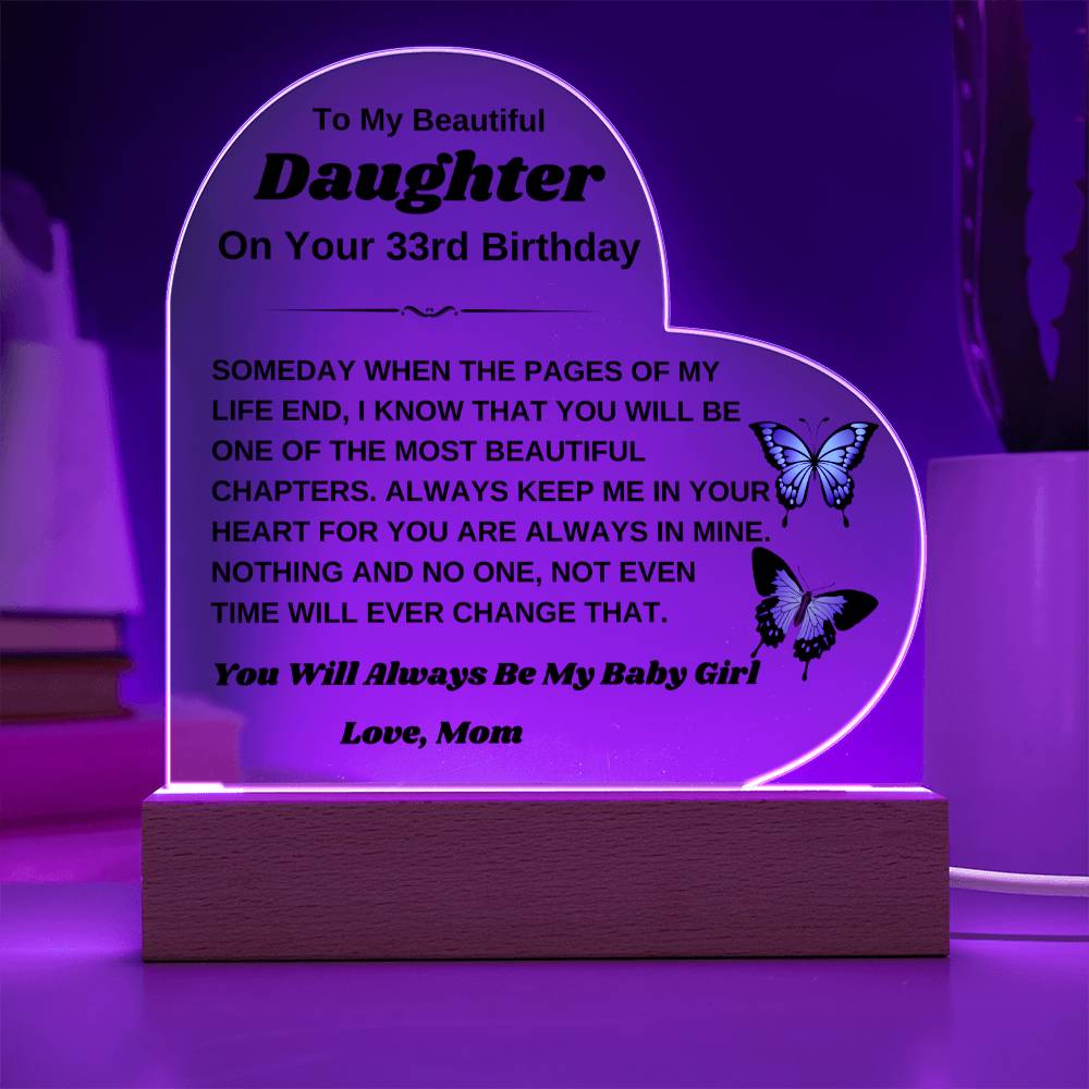 To My Beautiful Daughter - On Your 33rd Birthday Gift From Mom - Heart Acrylic Plaque