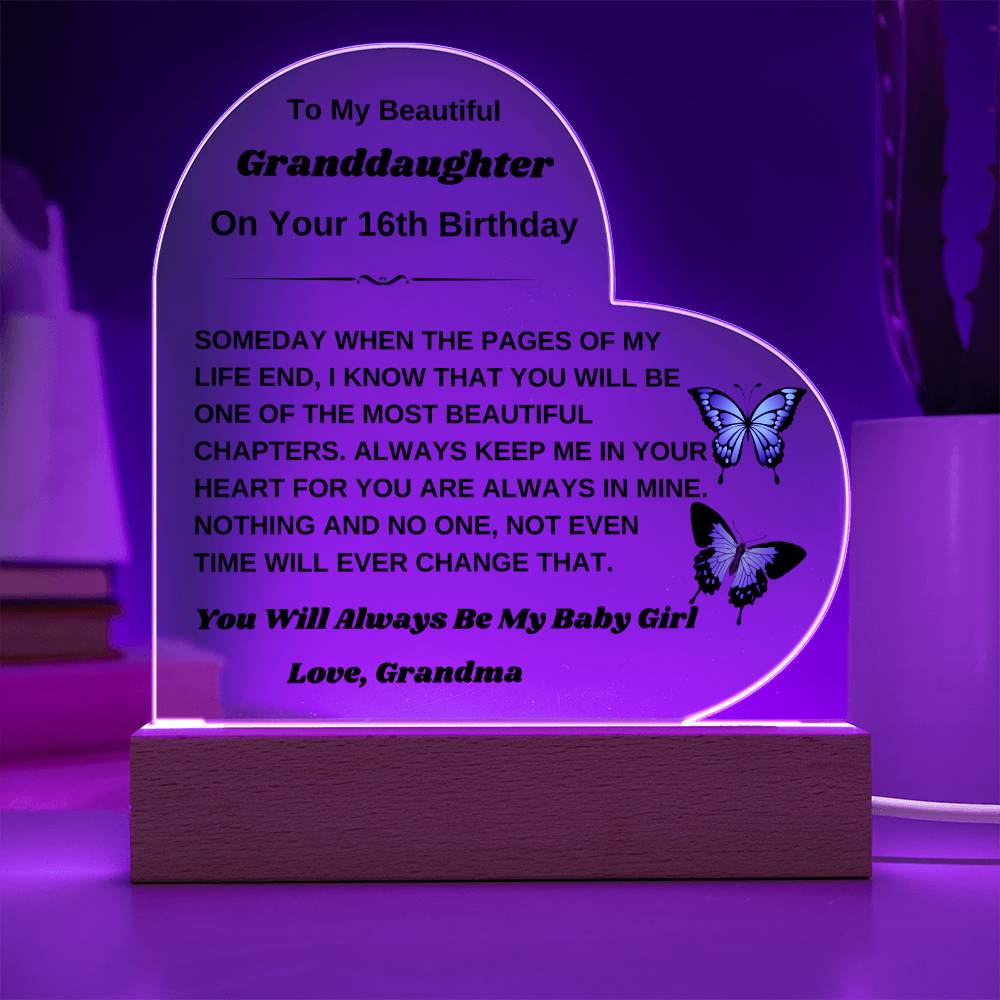 To My Beautiful Granddaughter - On Your 16th Birthday Gift From Grandma - Heart Acrylic Plaque