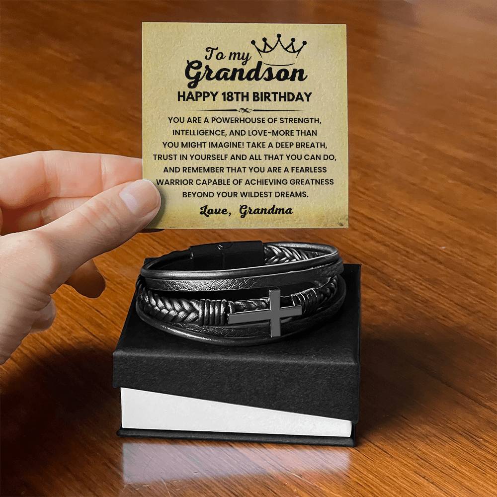 Happy 18th Birthday Gift for Grandson from Grandma, Fearless Warrior - Cross Leather Bracelet