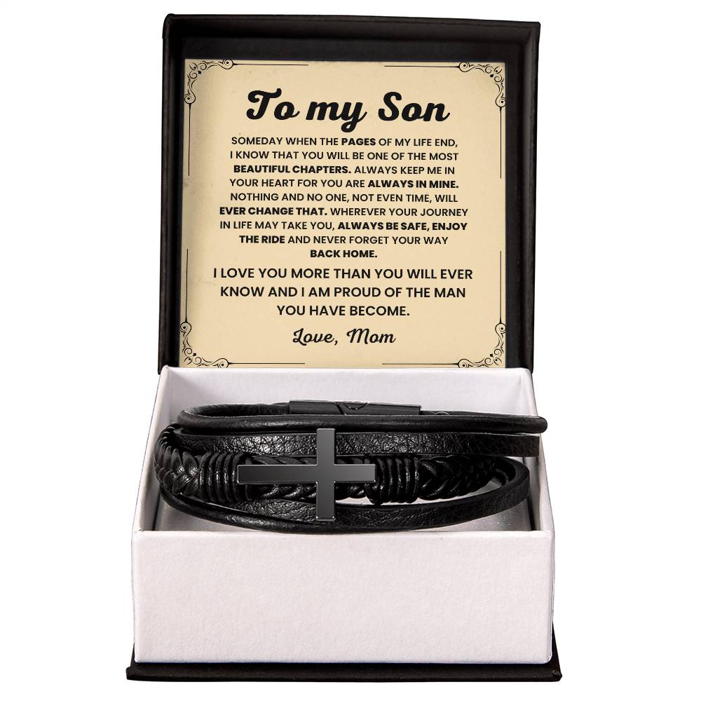 Heartfelt Present for Son from Mother - Men's Cross Leather Bracelet