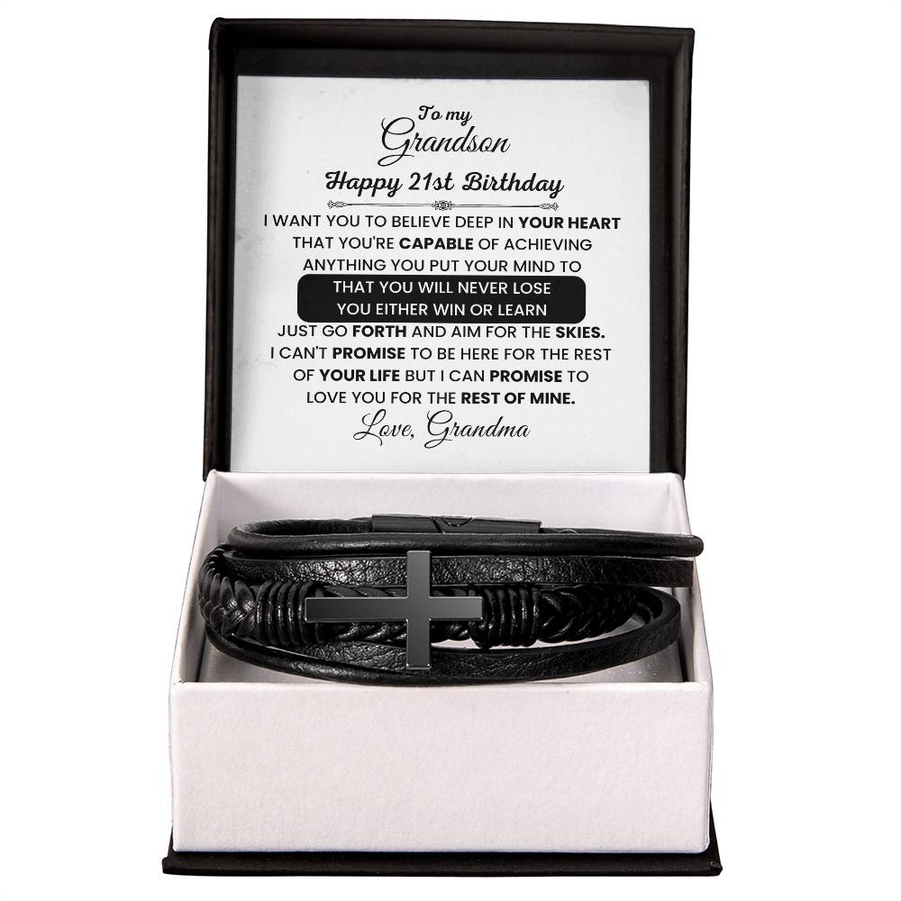 Grandson 21st Birthday Gift from Grandma, You Are Capable - Cross Leather Bracelet