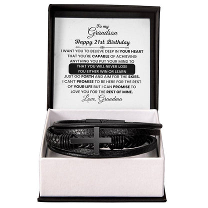 Grandson 21st Birthday Gift Cross Leather Bracelet from Grandma