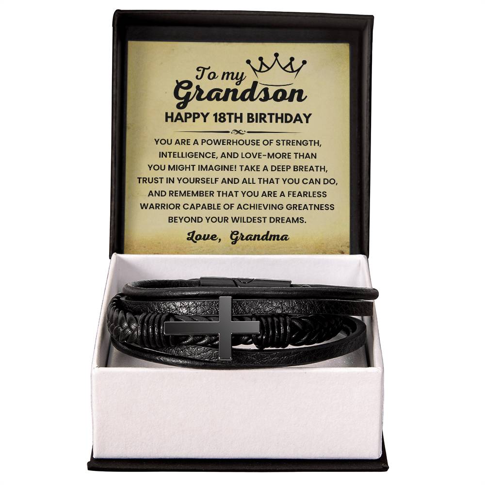 Happy 18th Birthday Gift for Grandson from Grandma, Fearless Warrior - Cross Leather Bracelet