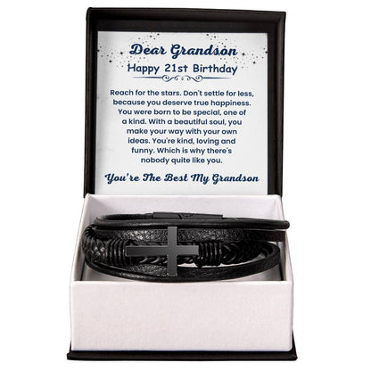 Unique 21st Birthday Gift from Grandma or Grandpa | You Are The Best My Grandson - Cross Leather Bracelet