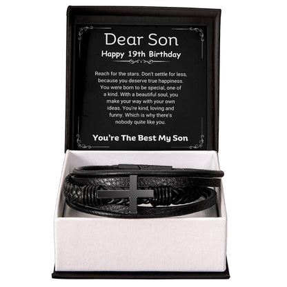 To My Son | Happy 19th Birthday Gift For Him | Don't Settle For Less, Men's Cross Leather Bracelet