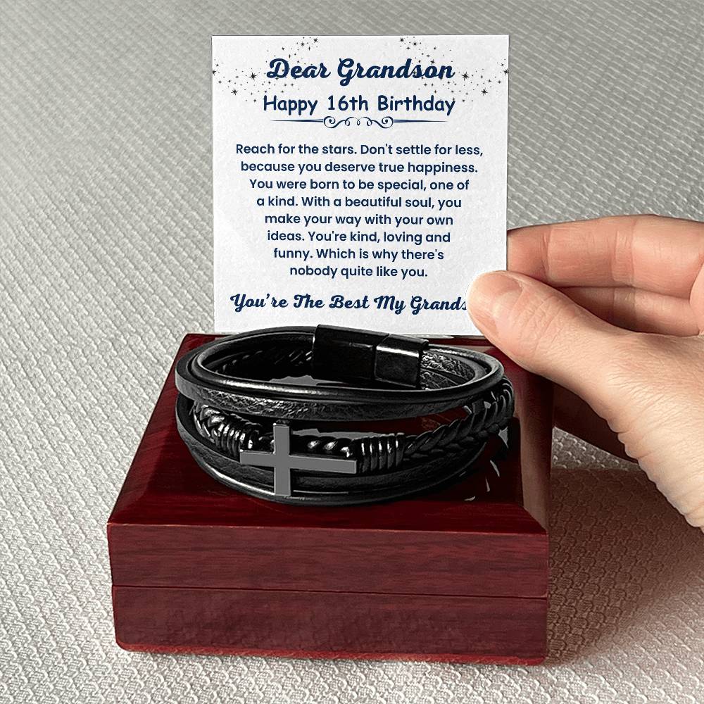 Happy 16th Birthday Gift from Grandma or Grandpa, You Are The Best My Grandson - Cross Leather Bracelet