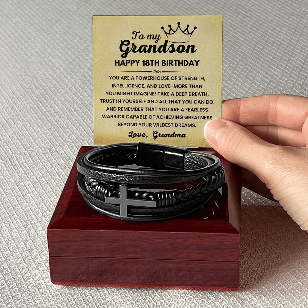 Happy 18th Birthday Gift for Grandson from Grandma, Fearless Warrior - Cross Leather Bracelet