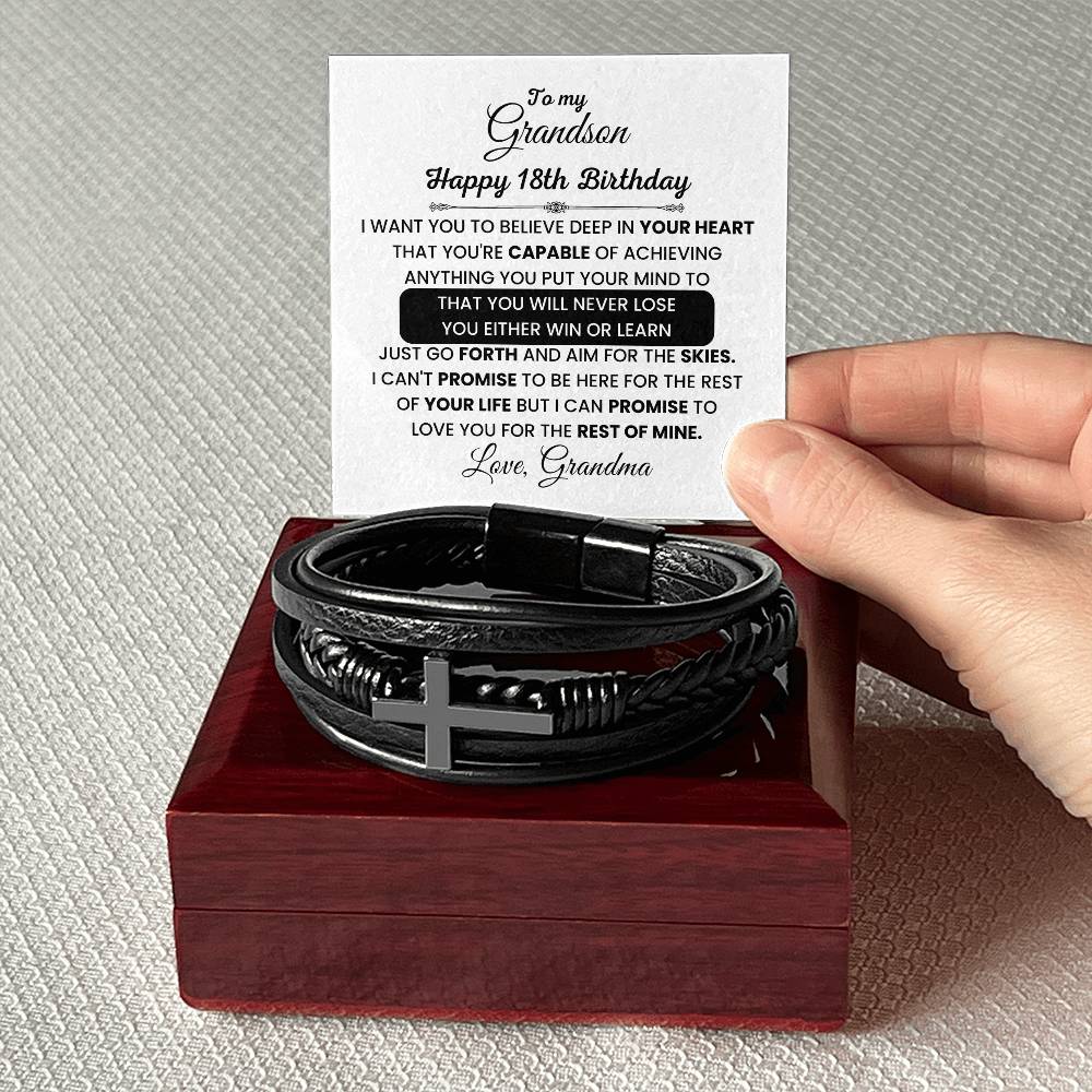 Grandson 18th Birthday Gift from Grandma, Believe Deep In Your Heart - Cross Leather Bracelet