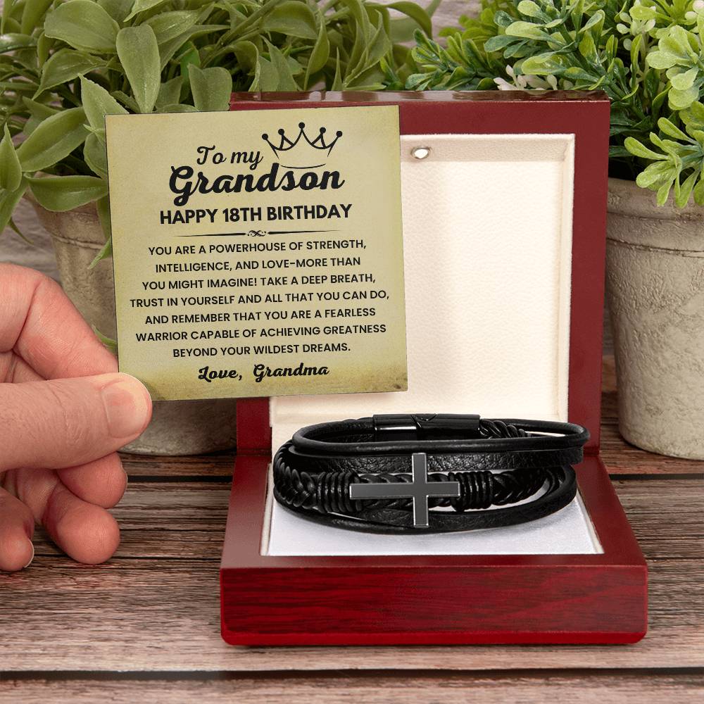 Happy 18th Birthday Gift for Grandson from Grandma, Fearless Warrior - Cross Leather Bracelet