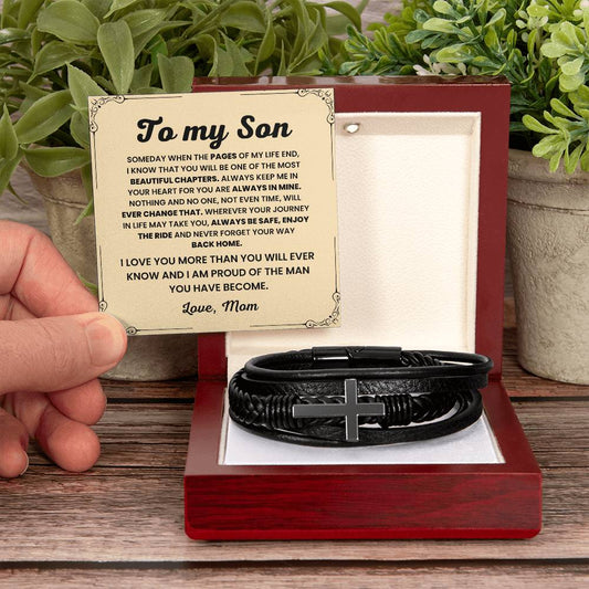 Heartfelt Present for Son from Mother - Men's Cross Leather Bracelet