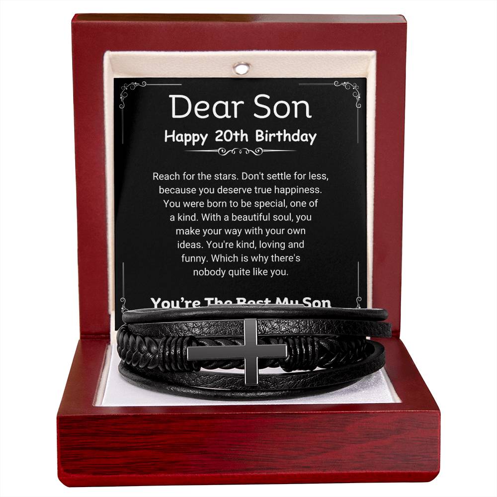 To My Son | Happy 20th Birthday Gift For Him | Don't Settle For Less, Men's Cross Leather Bracelet