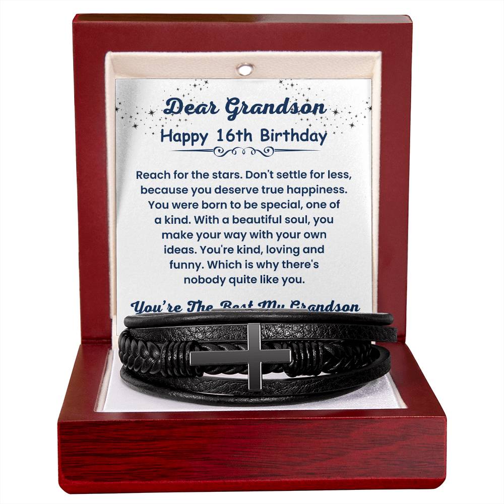 Happy 16th Birthday Gift from Grandma or Grandpa, You Are The Best My Grandson - Cross Leather Bracelet