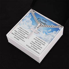Personalized Cross Necklace for Grandson, Cuban Link Chain, Religious Jewelry Gift, Engraved Keepsake, To My Grandson