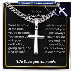 Personalized Grandson Cross Necklace – Engraved Cuban Link Chain, Religious Jewelry Gift, Teen & Young Men Accessory, To Our Grandson