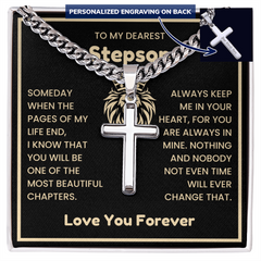 Stepson Cross Necklace, Cuban Link Chain Gift with Inspirational Message, To My Dearest Stepson