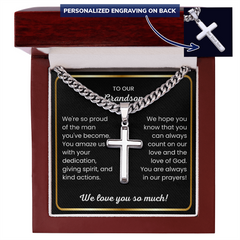 Personalized Grandson Cross Necklace – Engraved Cuban Link Chain, Religious Jewelry Gift, Teen & Young Men Accessory, To Our Grandson