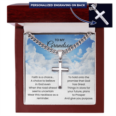 Personalized Cross Necklace for Grandson, Cuban Link Chain, Religious Jewelry Gift, Engraved Keepsake, To My Grandson