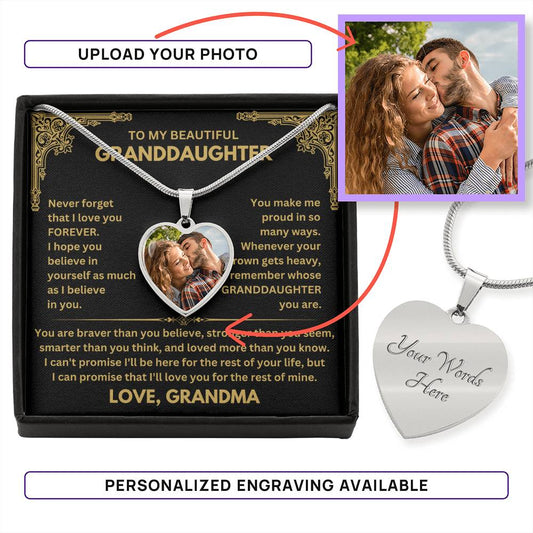 Personalized Photo Heart Necklace for Granddaughter from Grandma - Front View