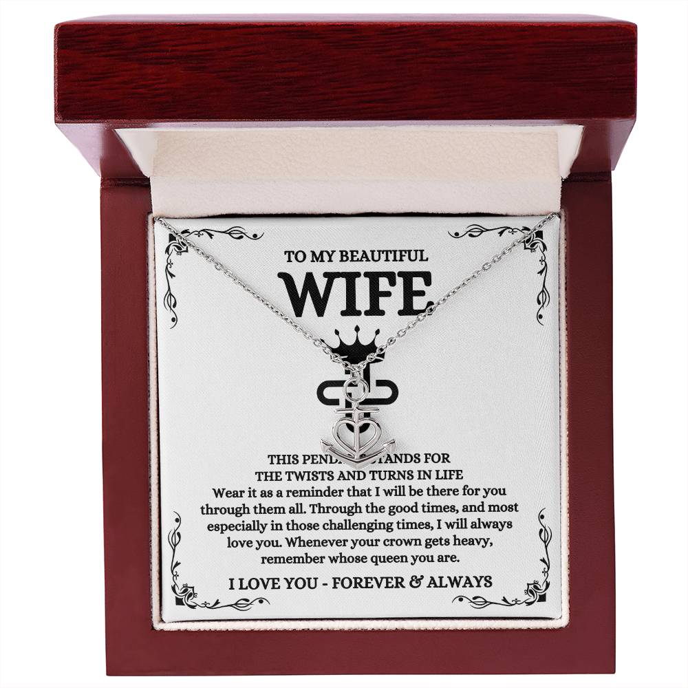 To My Beautiful Wife Necklace - Sentimental Birthday Gift from Husband, Romantic Jewelry for Valentine’s Day & Holidays - Anchor Pendant Necklace