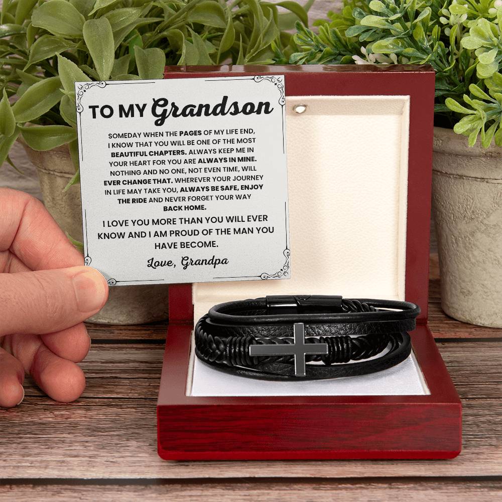 To My Grandson – Graduation, Birthday, Holiday Gift from Grandpa – Men's Cross Bracelet