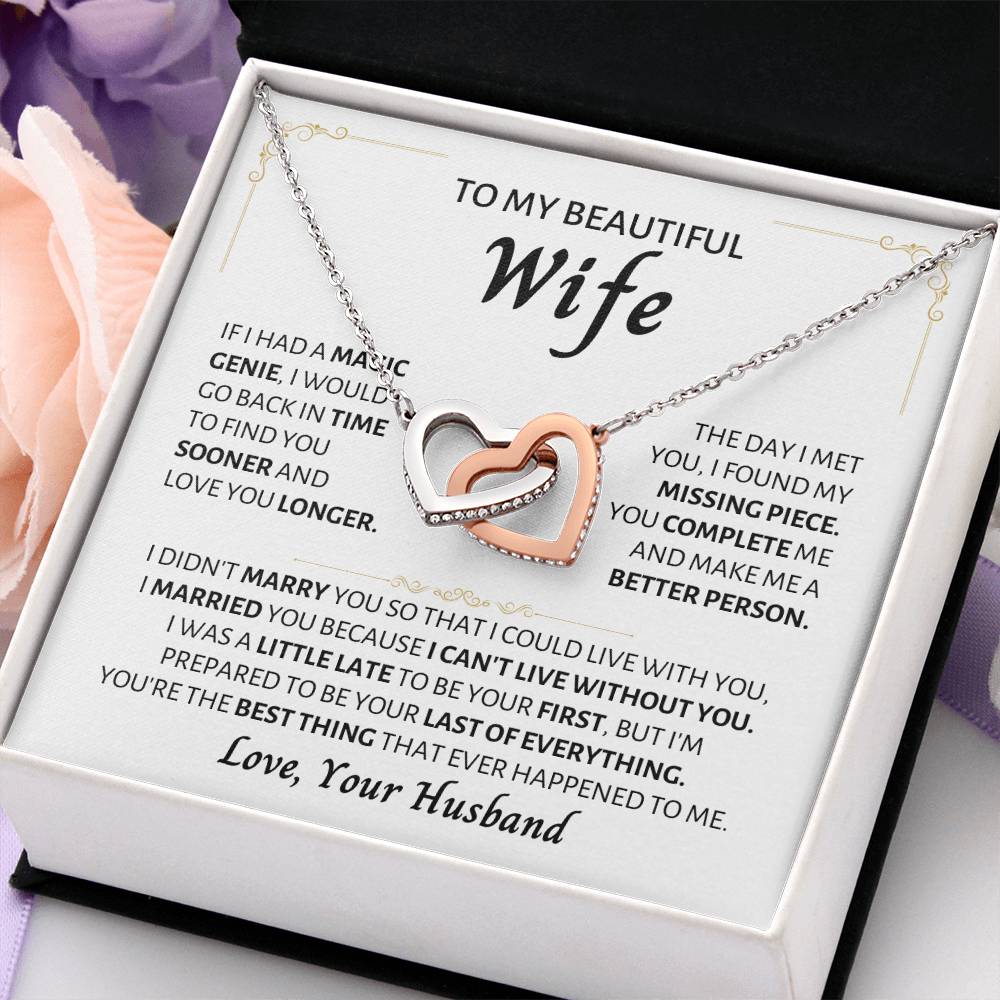 To My Wife Necklace - Romantic Gift from Husband for Birthday, Anniversary, Christmas & Valentine’s Day - Interlocking Hearts Necklace