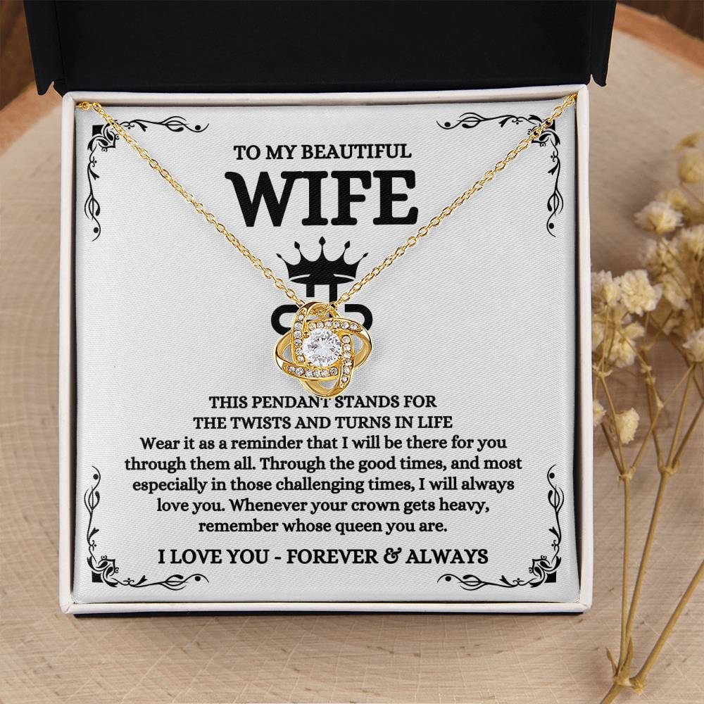 To My Beautiful Wife Necklace - Best Loving Jewelry Gift for Valentine’s Day, Anniversaries & Romantic Surprises - Love Knot Necklace