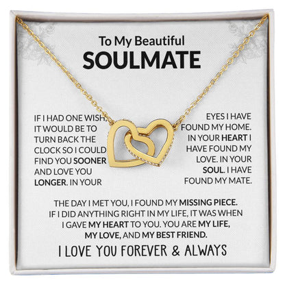 To My Beautiful Soulmate Necklace - Jewelry Gift for Her for Celebrating Romantic Moments - Interlocking Hearts Necklace