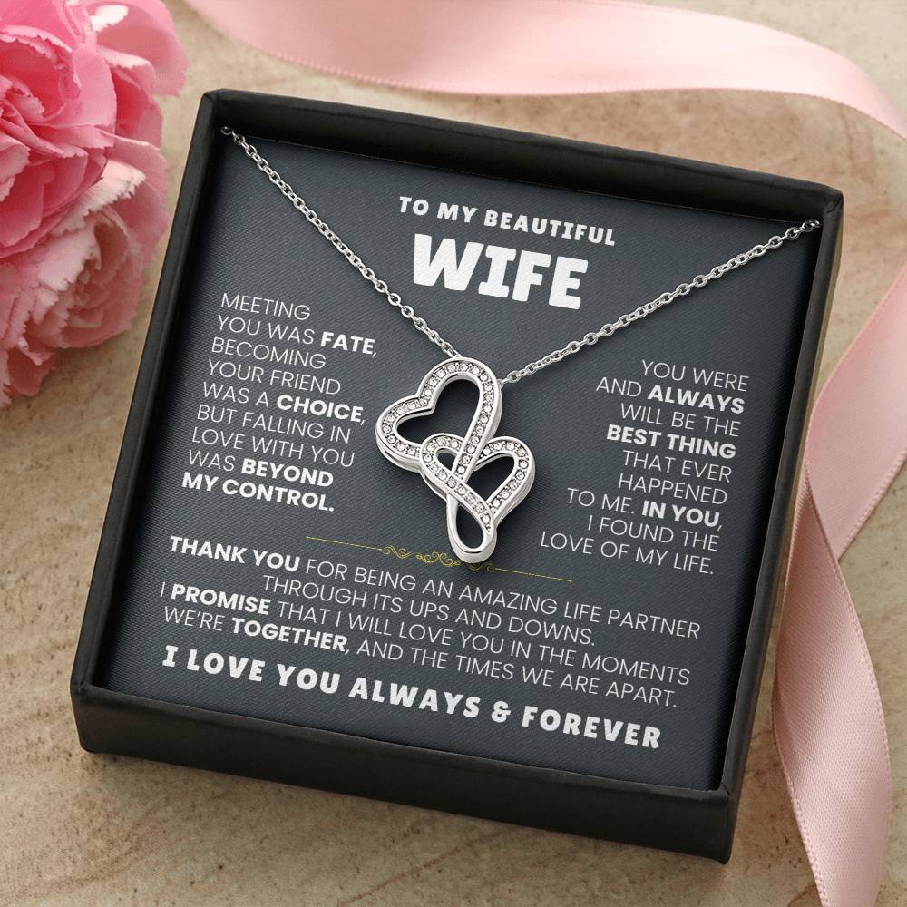 To My Beautiful Wife Necklace - Husband to Wife Jewelry for Romantic Valentine’s Day, Birthday & Anniversary Gifts - Heart-to-heart Pendant Necklace