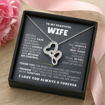 To My Beautiful Wife Necklace - Husband to Wife Jewelry for Romantic Valentine’s Day, Birthday & Anniversary Gifts - Heart-to-heart Pendant Necklace