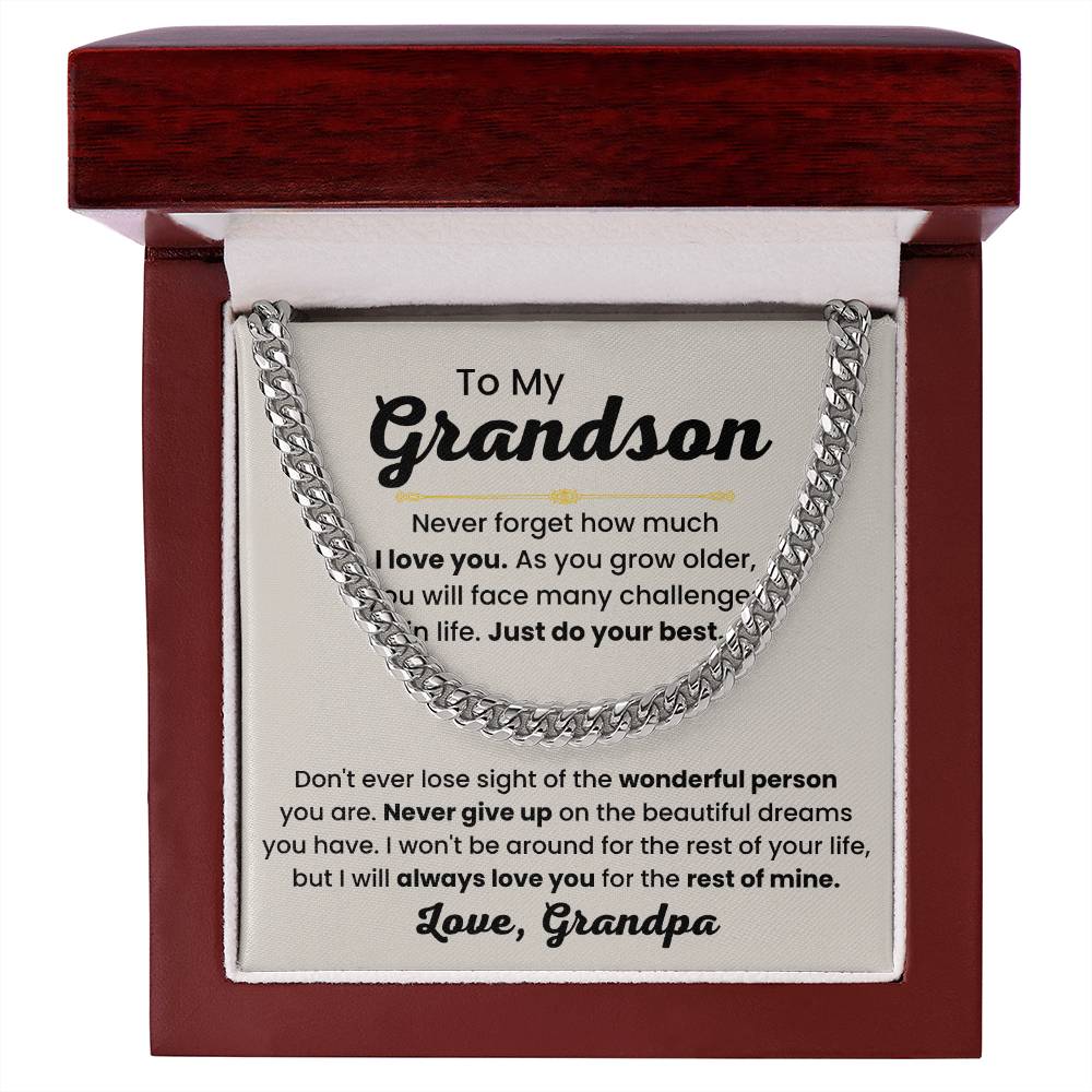Grandson Necklace Gift from Grandpa, Birthday, Graduation & Christmas Jewelry - Cuban Link Chain