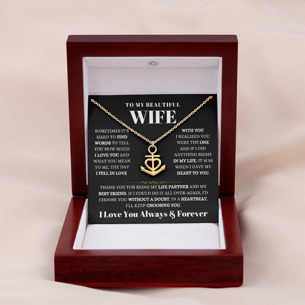 To My Beautiful Wife Necklace - Romantic Husband to Wife Jewelry for Birthday, Valentine’s Day & Special Celebrations - Anchor Pendant Necklace