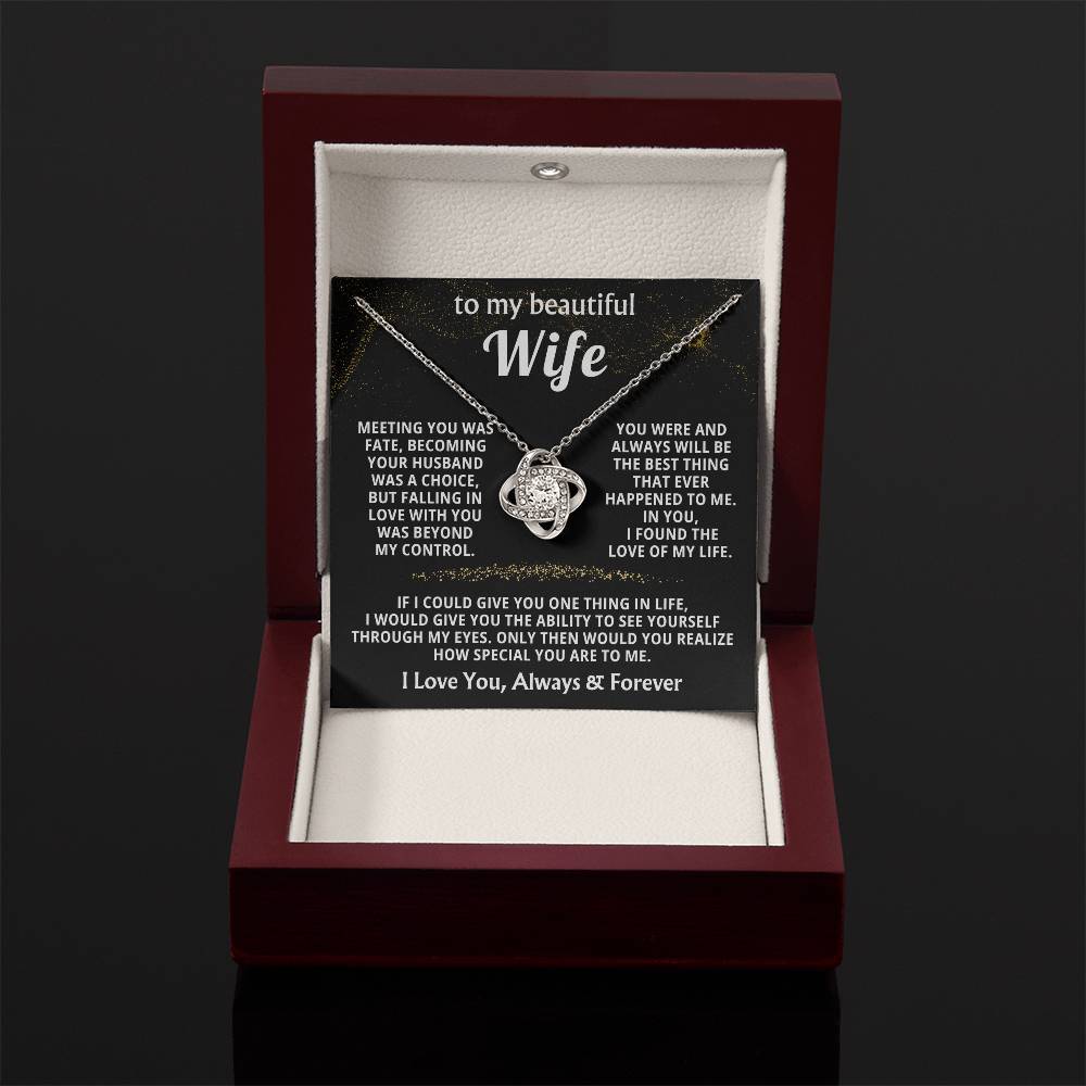 To My Beautiful Wife Necklace - Husband to Wife Jewelry for Romantic Valentine’s Day, Birthday & Anniversary Gifts - Love Knot Necklace