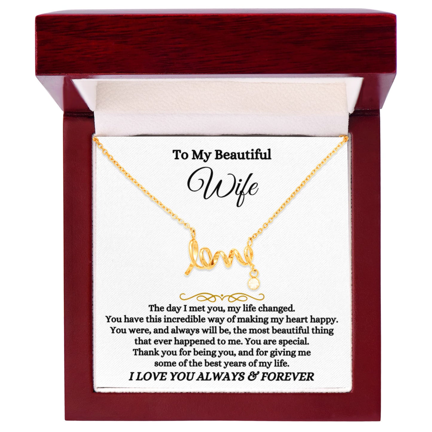 To My Wife Necklace - Loving Jewelry from Husband for Birthday, Valentine’s Day & Holidays - Scripted Love Necklace