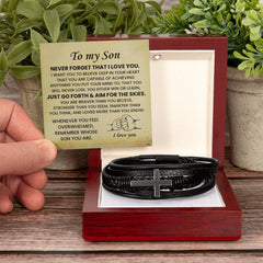 Gifts for Son, Men’s Cross Leather Bracelet, Inspirational Jewelry for Everyday Wear, To My Dear Son