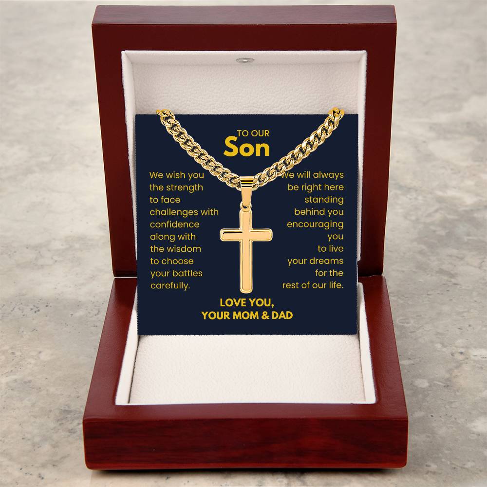 To Our Son - Son Gift from Mom and Dad - Artisan Cross with Cuban Link Chain