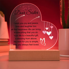 Acrylic Heart Plaque Gift, Sister LED Light-Up Keepsake, Sweet Message Decor, Loving Gift for Her Birthday, Thoughtful Sister Room Display