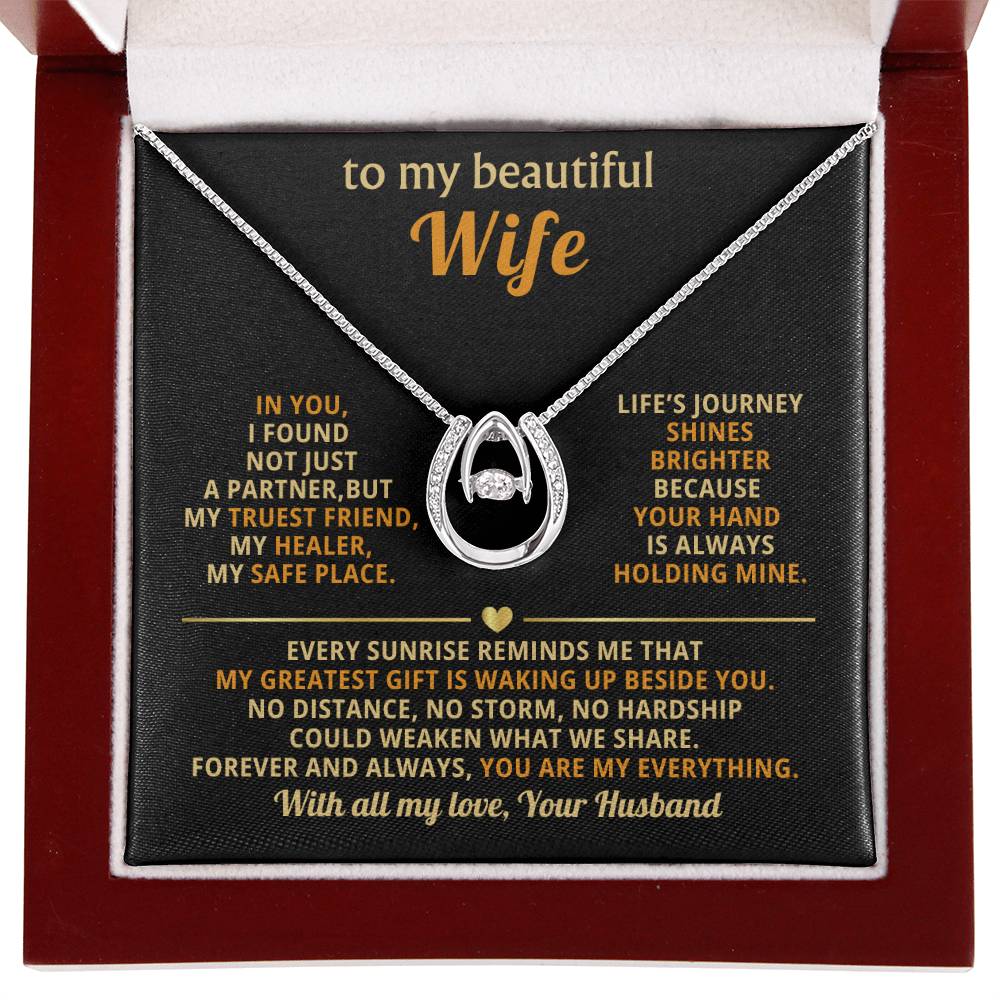 To My Beautiful Wife Necklace - Husband to Wife Jewelry for Romantic Valentine’s Day, Birthday & Anniversary Gifts - Lucky In Love Necklace
